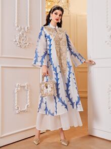 Al Najma 植物图案喇叭袖荷叶边下摆连衣裙，端庄