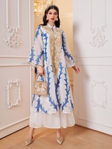 Al Najma 植物图案喇叭袖荷叶边下摆连衣裙，端庄