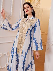 Al Najma 植物图案喇叭袖荷叶边下摆连衣裙，端庄