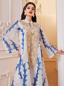 Al Najma 植物图案喇叭袖荷叶边下摆连衣裙，端庄