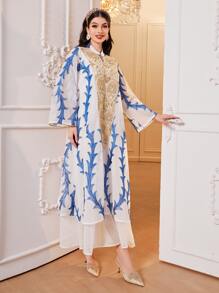 Al Najma 植物图案喇叭袖荷叶边下摆连衣裙，端庄