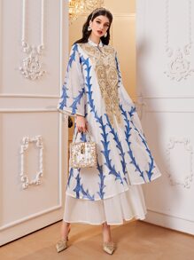 Al Najma 植物图案喇叭袖荷叶边下摆连衣裙，端庄