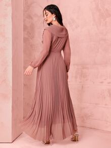Mulvari Surplice Neck Belted Pleated Dress - Dusty Pink - View 2