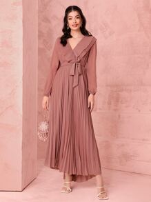 Mulvari Surplice Neck Belted Pleated Dress - Dusty Pink - View 3
