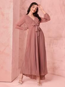 Mulvari Surplice Neck Belted Pleated Dress - Dusty Pink - View 5