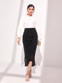 Modelyn High Waist Ruffle Trim Skirt - Black - View 3