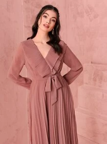 Mulvari Surplice Neck Belted Pleated Dress - Dusty Pink - View 6