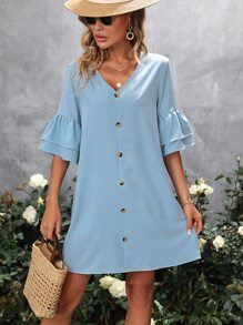 SHEIN LUNE Vestido túnico de manga con volante con botón delantero - Azul - Ver 3