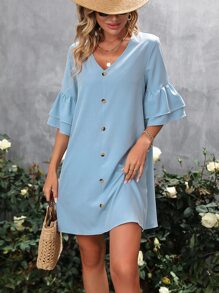 SHEIN LUNE Vestido túnico de manga con volante con botón delantero - Azul - Ver 5