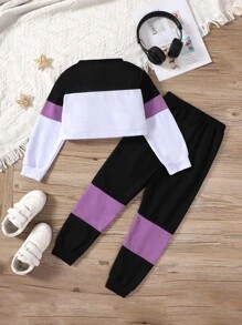 SHEIN Explorewe Cô gái Tween Hai chiếc Bộ Của Chặn màu In thư Giải trí Thể thao Cổ thuyền viên Áo thun Và Tay thường Cho mùa hè - Nhiều màu - Xem 2