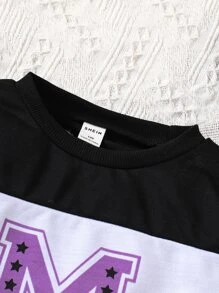 SHEIN Explorewe Cô gái Tween Hai chiếc Bộ Của Chặn màu In thư Giải trí Thể thao Cổ thuyền viên Áo thun Và Tay thường Cho mùa hè - Nhiều màu - Xem 5