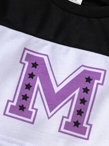 SHEIN Explorewe Cô gái Tween Hai chiếc Bộ Của Chặn màu In thư Giải trí Thể thao Cổ thuyền viên Áo thun Và Tay thường Cho mùa hè - Nhiều màu - Xem 6