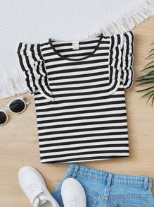 SHEIN Tween Girl Striped Ruffle Trim Tee - Black and White - View 1