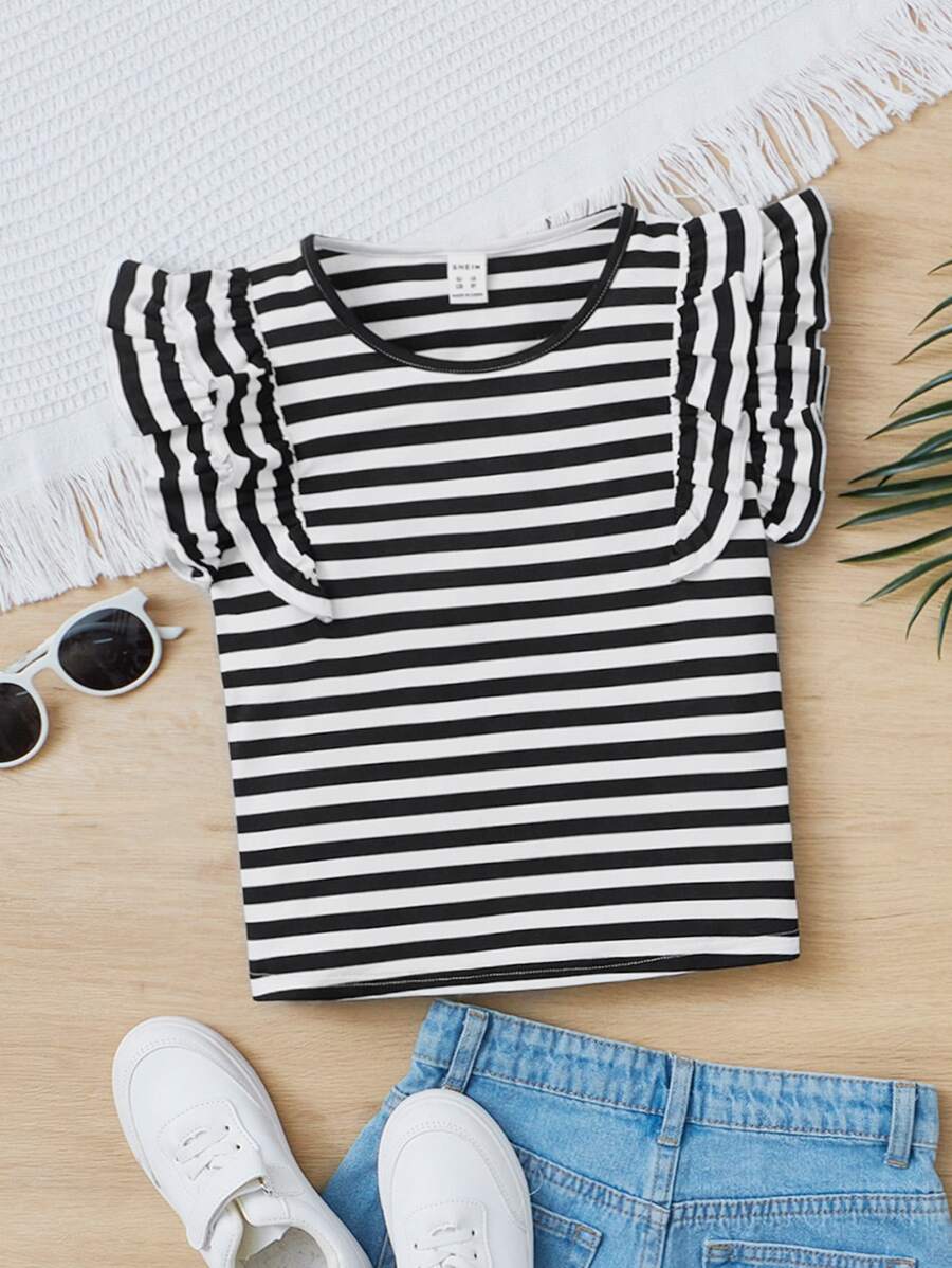 SHEIN Tween Girl Striped Ruffle Trim Tee - Black and White - View 1