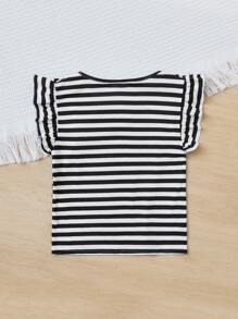 SHEIN Tween Girl Striped Ruffle Trim Tee - Black and White - View 2