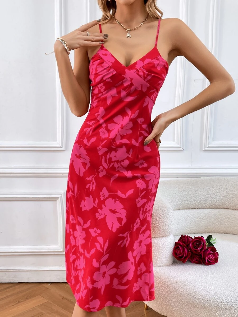 SHEIN VCAY Đầm Lộ Lưng Chia Hoa Gợi cảm - Màu Hồng Tươi - Xem 1