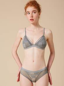 Floral Lace Triangle Lingerie Set - Grey - View 1