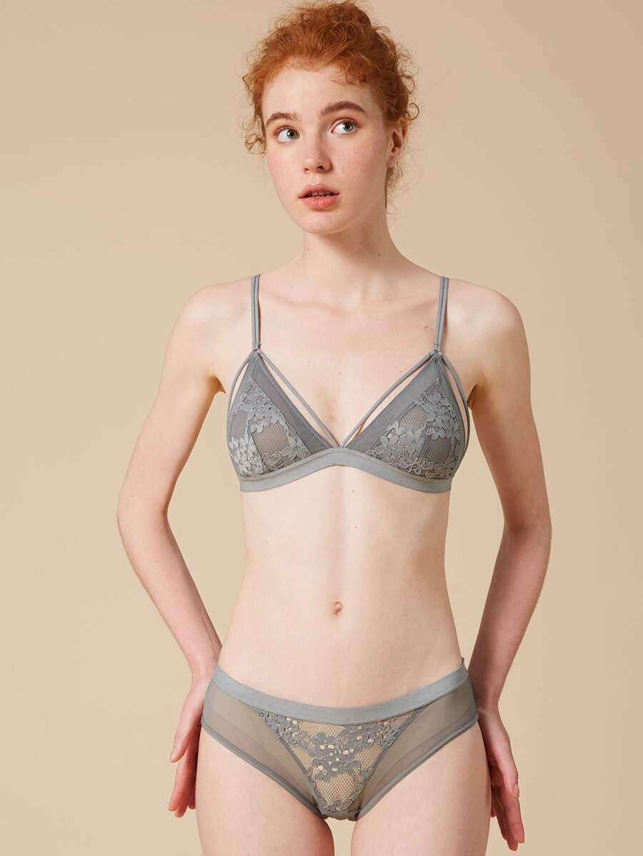 Floral Lace Triangle Lingerie Set - Grey - View 1