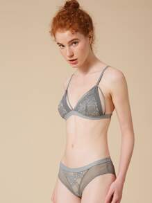 Floral Lace Triangle Lingerie Set - Grey - View 3