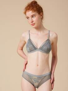 Floral Lace Triangle Lingerie Set - Grey - View 5