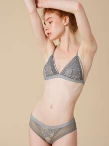 Floral Lace Triangle Lingerie Set - Grey - View 6