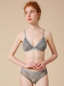 Floral Lace Triangle Lingerie Set - Grey - View 7