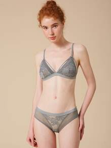 Floral Lace Triangle Lingerie Set - Grey - View 8