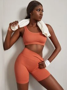 Yoga Basic 無縫高彈力素色運動型文胸帶騎行褲 - 珊瑚橙 - 查看 1