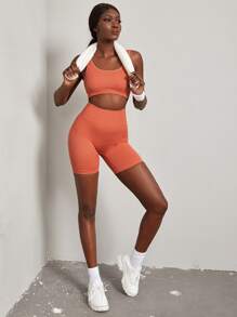 Yoga Basic 無縫高彈力素色運動型文胸帶騎行褲 - 珊瑚橙 - 查看 5