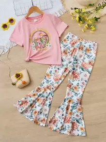 SHEIN 女孩仙人掌印花短袖 T 恤和喇叭針織褲套裝,適合青少年 - 彩色 - 查看 1