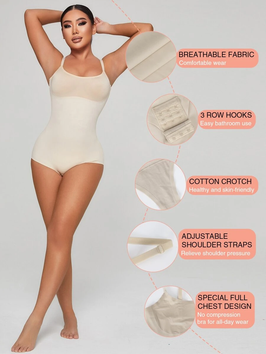 Tummy Control Double Panel Sculpting Shapewear Bodysuit - Beige - View 1