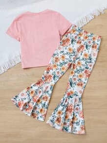 SHEIN 女孩仙人掌印花短袖 T 恤和喇叭針織褲套裝,適合青少年 - 彩色 - 查看 2