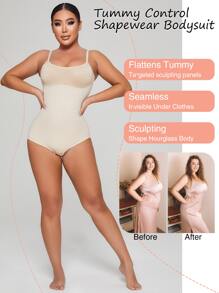 Tummy Control Double Panel Sculpting Shapewear Bodysuit - Beige - View 3