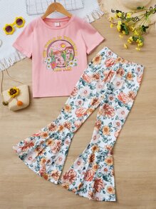 SHEIN 女孩仙人掌印花短袖 T 恤和喇叭針織褲套裝,適合青少年 - 彩色 - 查看 5