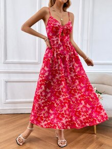 SHEIN VCAY Floral Print Knot Front Cami Dress - Multicolor - View 1