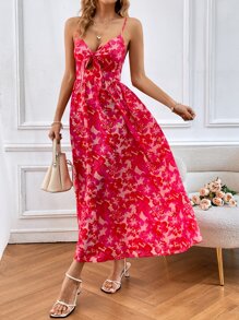 SHEIN VCAY Floral Print Knot Front Cami Dress - Multicolor - View 6