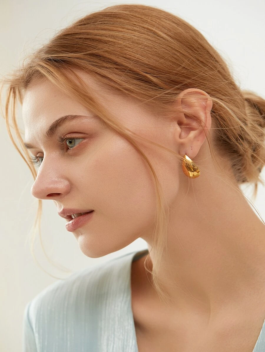 1對時尚極簡水滴形狀耳釘適合女士日常裝飾 - 金黃色 - 查看 1