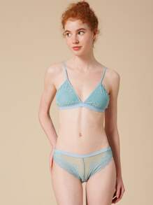 Floral Lace Wireless Lingerie Set - Cadet Blue - View 1