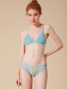Floral Lace Wireless Lingerie Set - Cadet Blue - View 4