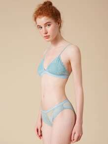 Floral Lace Wireless Lingerie Set - Cadet Blue - View 5