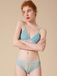 Floral Lace Wireless Lingerie Set - Cadet Blue - View 6