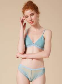 Floral Lace Wireless Lingerie Set - Cadet Blue - View 7