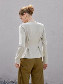 Fold Pleated Detail Button Front Blouse - Light Grey - View 2