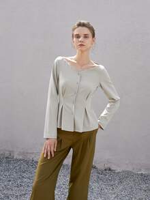 Fold Pleated Detail Button Front Blouse - Light Grey - View 3