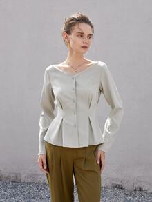 Fold Pleated Detail Button Front Blouse - Light Grey - View 4