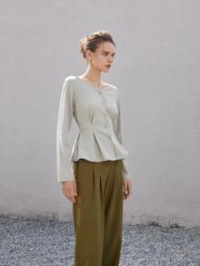 Fold Pleated Detail Button Front Blouse - Light Grey - View 5
