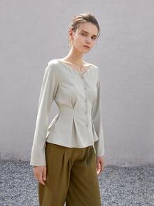Fold Pleated Detail Button Front Blouse - Light Grey - View 6
