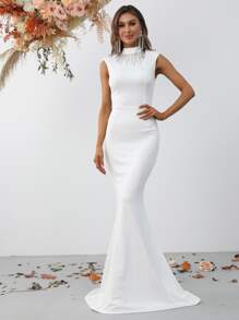 Mock Neck Mermaid Hem Formal Dress - White - View 1