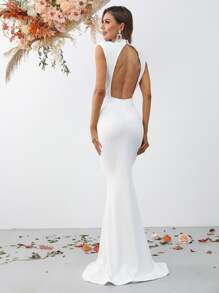 Mock Neck Mermaid Hem Formal Dress - White - View 2