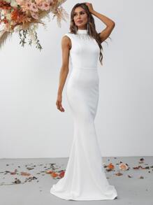 Mock Neck Mermaid Hem Formal Dress - White - View 6